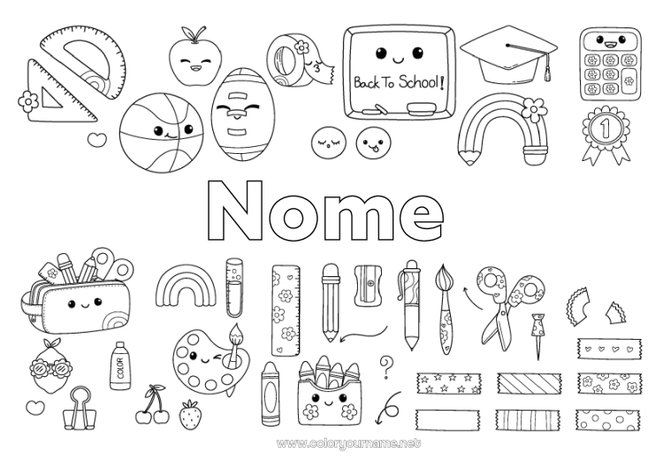 Página de desenho para imprimir Kawaii Arco-íris Lápis de Cor Escola Lápis Volta às Aulas Quadro-negro Gorro de estudante Materiais Escolares Estojo Esquadro Transferidor Pintura Tesouras