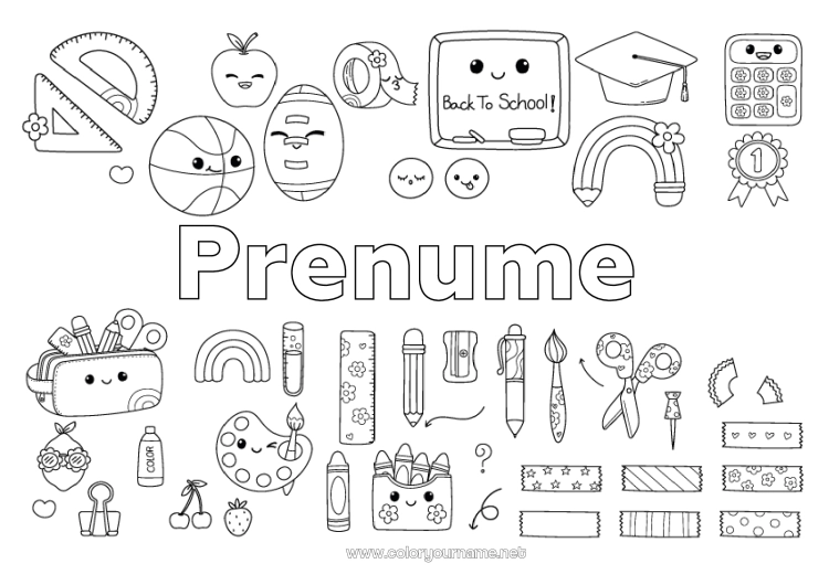 Pagină de colorat de imprimat Drăguț Curcubeu Creion colorat Școală Creion Întoarcerea la școală Tablă de clasă Beretă de student Materiale școlare Trusă Echer Raportor Pictură Foarfecă