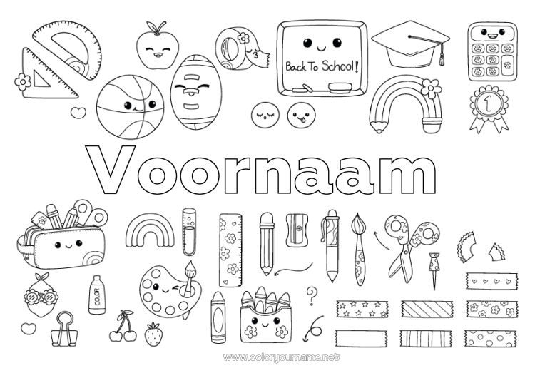 Kleurplaat om af te drukken Kawaii Regenboog Kleurpotlood School Potlood Terug naar school Schoolbord Studentenmuts Schoolbenodigdheden Etui Winkelhaak Winkelhaak Verf Schaar