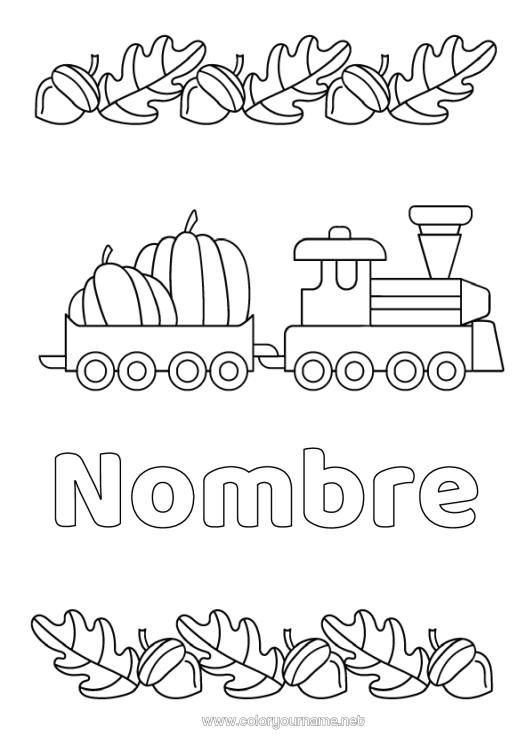Dibujo para colorear para imprimir Calabaza Otoño Vehículos Tren Locomotora Transporte público terrestre Bellota