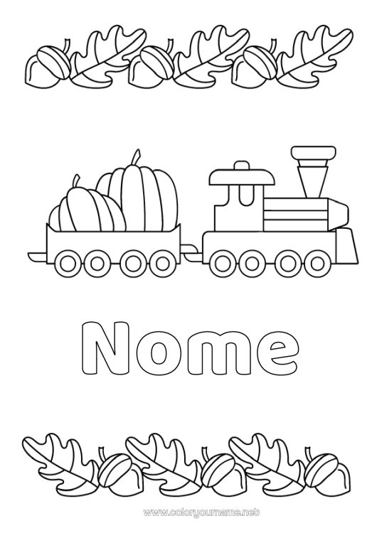 Pagina da colorare da stampare Zucca Autunno Veicoli Treno Locomotiva Trasporto pubblico terrestre Ghianda