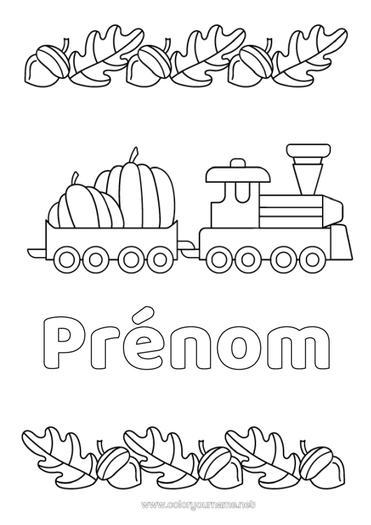 Coloriage à imprimer Citrouille Automne Véhicules Train Locomotive Transport en commun terrestres Gland