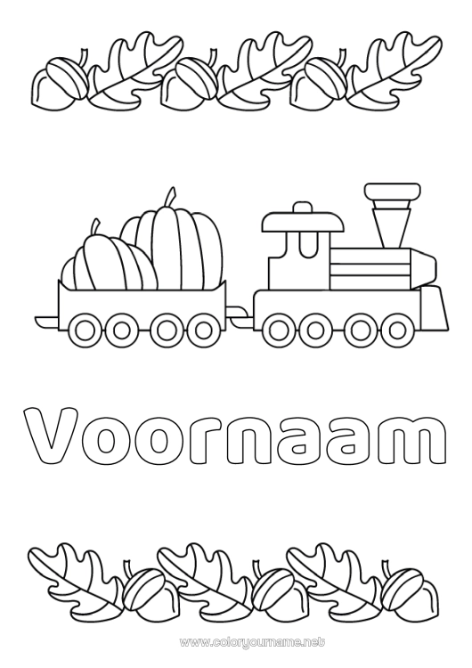 Kleurplaat om af te drukken Pompoen Herfst Voertuigen Trein Locomotief Openbaar vervoer over land Eikel