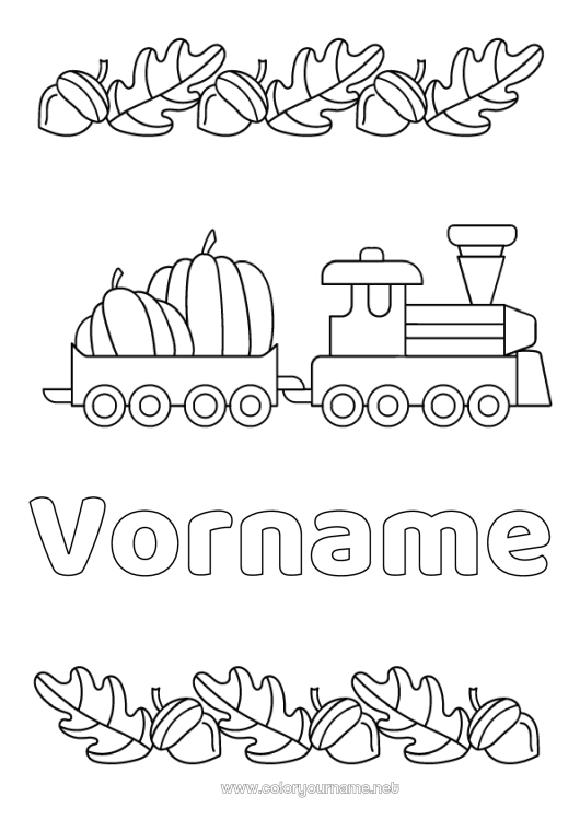 Malvorlage zum Ausdrucken Kürbis Herbst Fahrzeuge Zug Lokomotive Öffentlicher Nahverkehr Eichel