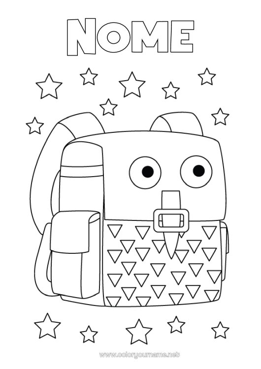 Página de desenho para imprimir Mochila Volta às Aulas Materiais Escolares