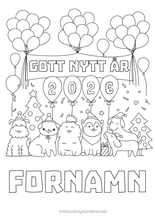 Färgläggningssida att skriva ut Ballonger Fest Hund Gott nytt år Djur Hundar och katter Gran Meddelande