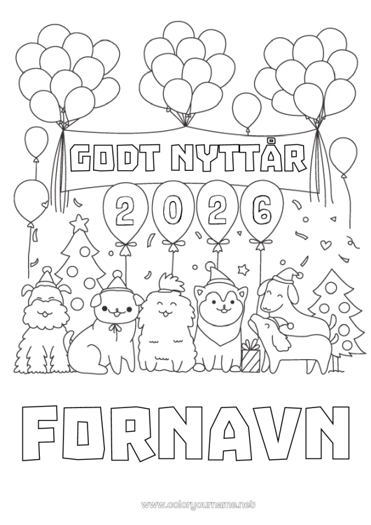 Fargeleggingssiden til utskrift Ballonger Fest Hund Godt nyttår Dyr Hunder og katter Gran Melding 