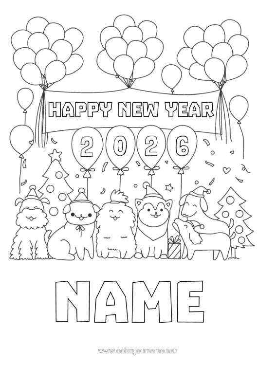 Colouring page to print Balloons Party Dog Happy New Year Animal Dogs And Cats Fir Tree "Happy New Year" 2026