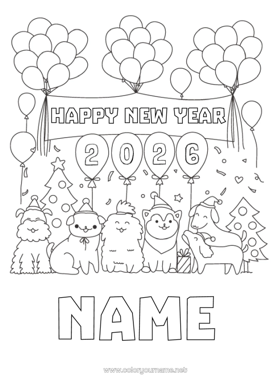 Coloring page to print Balloons Party Dog Happy new year Animal Dog and cat Fir