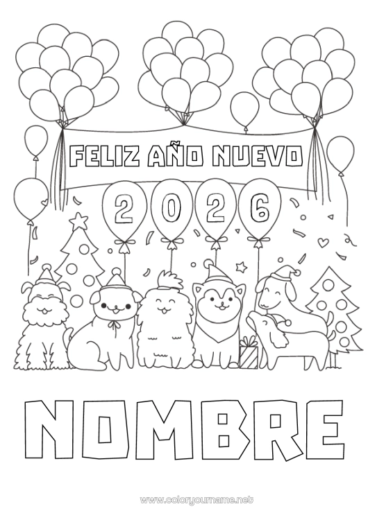 Dibujo para colorear para imprimir Globos Fiesta Perro Feliz año Animales Perros y gatos Abeto Mensaje