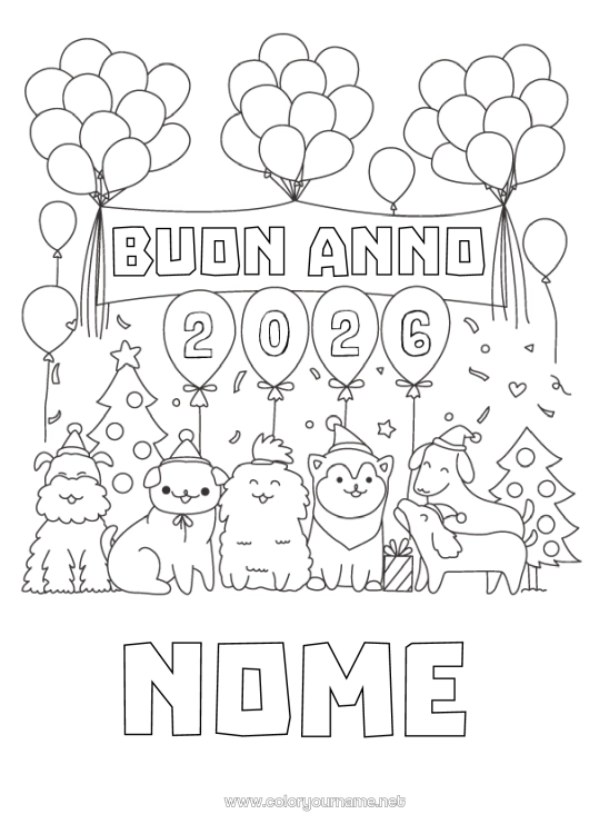 Pagina da colorare da stampare Palloncini Festa Cane Buon Anno Animale CanI e gatti Abete Messaggio