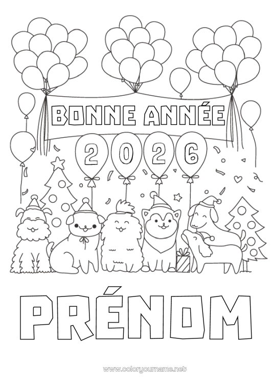 Coloriage à imprimer Ballons Fête Chien Bonne année Animal Chiens et chats Sapin Message