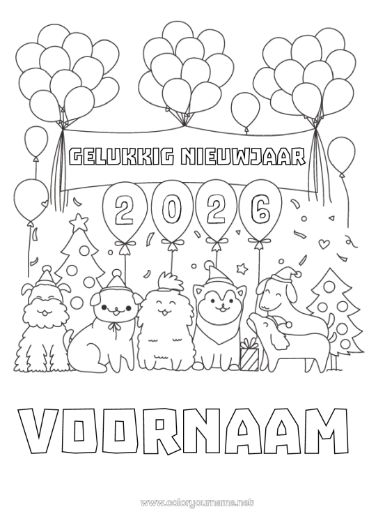 Kleurplaat om af te drukken Ballonnen Feest Hond Gelukkig Nieuwjaar Dier Honden en katten Kerstboom Nieuwjaarsboodschap 2026