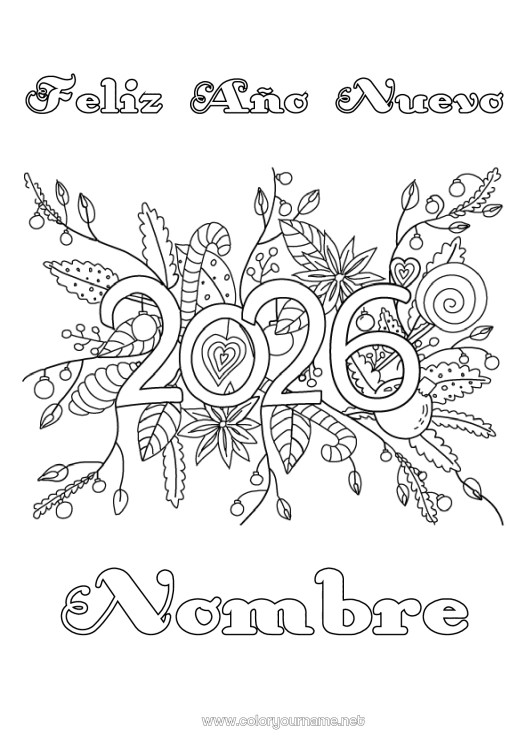 Dibujo para colorear para imprimir Flores Feliz año Mensaje 