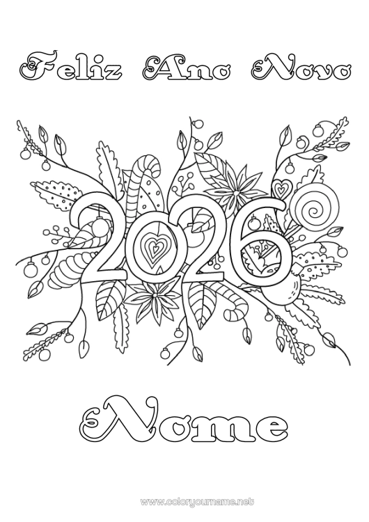 Página de desenho para imprimir Flores Feliz Ano Novo Mensagem de 