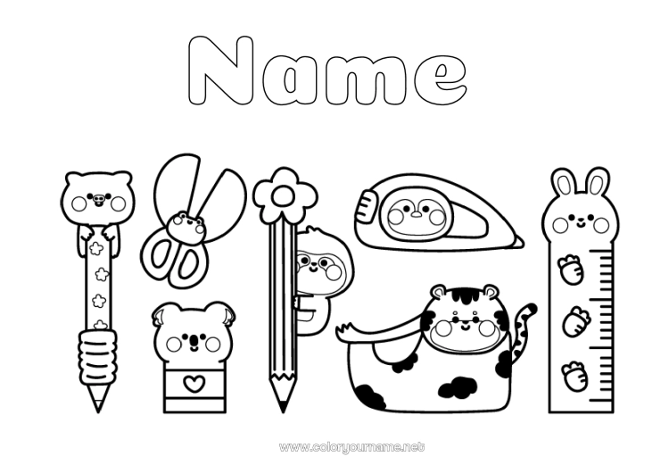 Coloring page to print Kawaii Pencil School supplies Scissors
