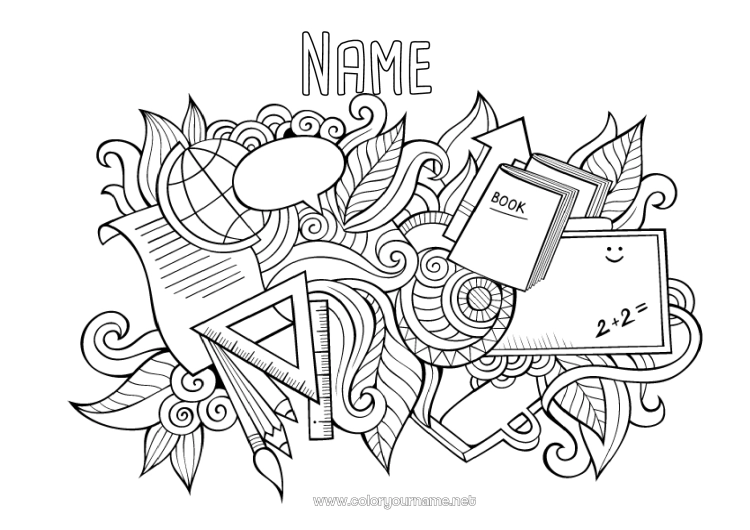 Coloring page to print Mandala School Pencil World globe School supplies Square