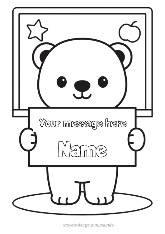 Coloring page to print Bear Kawaii Animal School Forest animals Back to School Class board Sign