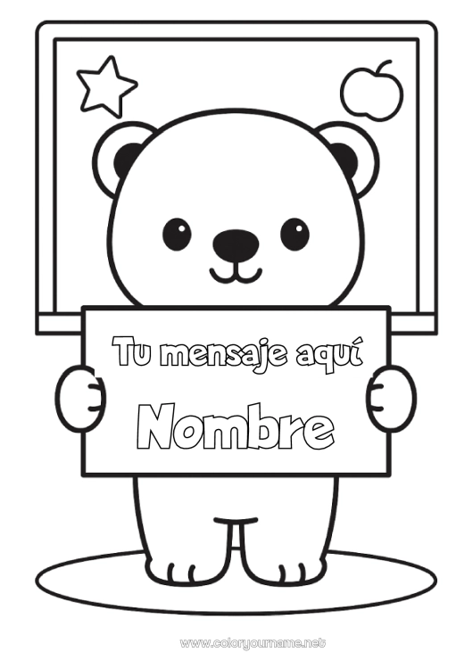 Dibujo para colorear para imprimir Llevar Kawaii Animales Escuela Animales del bosque Regreso a clases Pizarra de clase Firmar