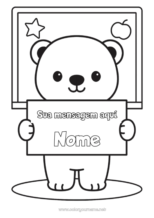 Página de desenho para imprimir Urso Kawaii Animal Escola Animais da floresta Volta às Aulas Quadro-negro Placa