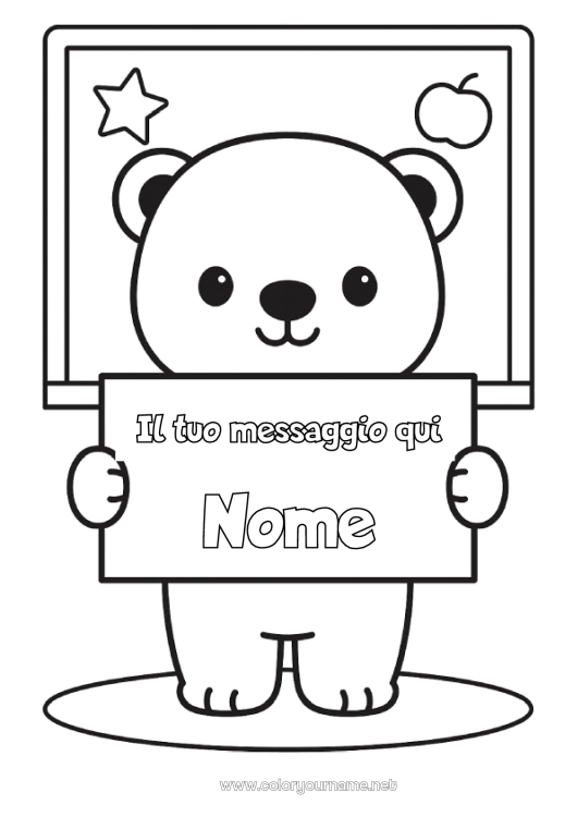 Pagina da colorare da stampare Orso Kawaii Animale Scuola Animali della foresta Rientro a scuola Lavagna scolastica Cartello