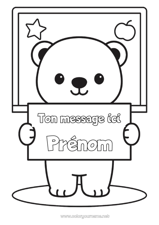 Coloriage à imprimer Ours Kawaii Animal École Animaux de la forêt Rentrée scolaire Tableau de classe Pancarte