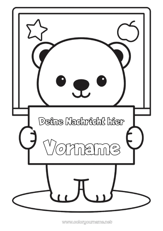 Malvorlage zum Ausdrucken Bär Kawaii Tier Schule Waldtiere Schulbeginn Klassentafel Schild