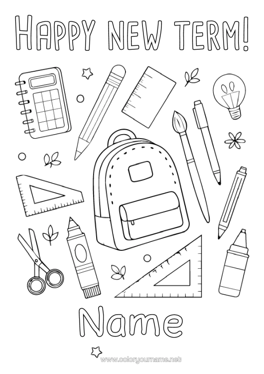 Colouring page to print Pencil School Bag Back To School "Happy Return To School!" Stationery Supplies Square Calculator Scissors
