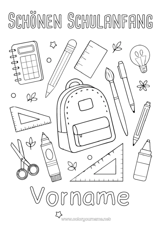 Malvorlage zum Ausdrucken Bleistift Schultasche Schulbeginn