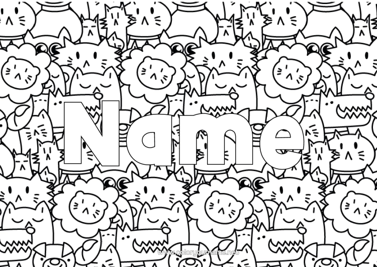 Colouring page to print Wolf Cat Lion Pig Animal Decorated Name Dogs And Cats Farm Animals Wild Animals Of Africa Forest Animals Decorative Background