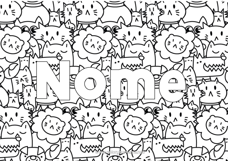 Pagina da colorare da stampare Lupo Gatto Leone Maiale Animale Nome decorato CanI e gatti Animali da fattoria Animali selvatici dell'Africa Animali della foresta Sfondo decorativo