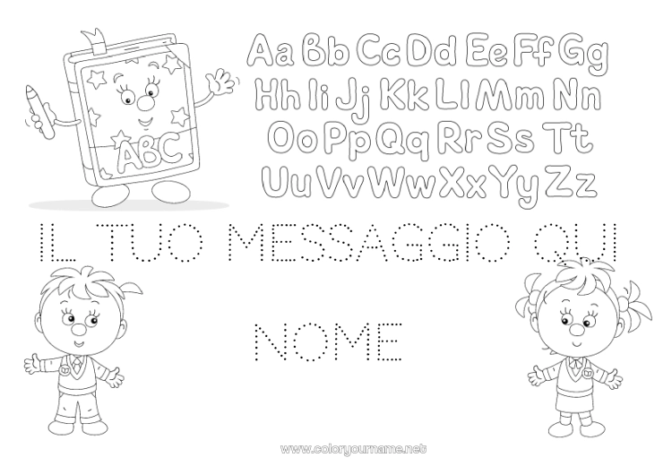 Pagina da colorare da stampare Bambino Attività per Bambini Alfabeto Libro Lettura Lettera dell'alfabeto