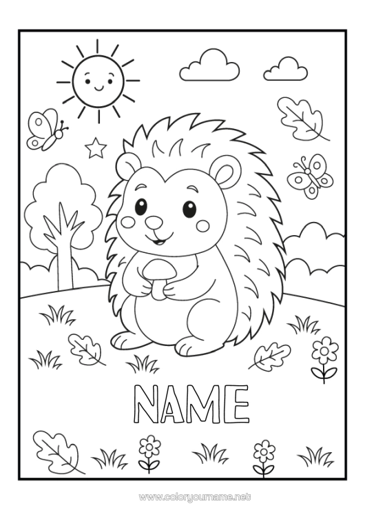 Colouring page to print Hedgehog Butterfly Animal Mushroom Insects Forest Animals
