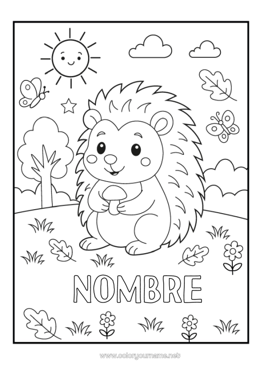 Dibujo para colorear para imprimir Erizo Mariposa Animales Champiñone Insectos Animales del bosque