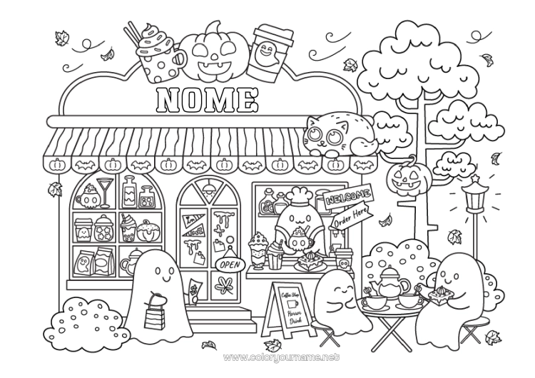 Pagina da colorare da stampare Fantasma Zucca Halloween Caffè Bevanda Negozio