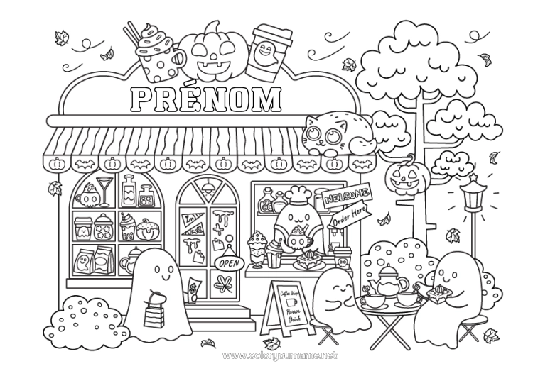 Coloriage à imprimer Fantôme Citrouille Halloween Café Boisson Boutique