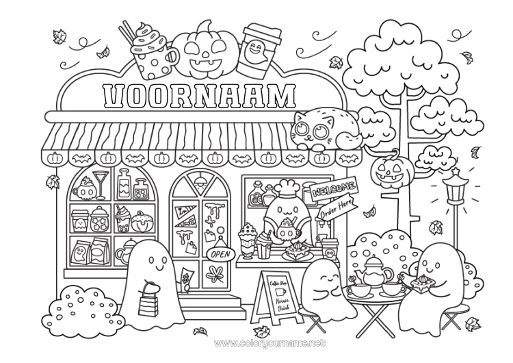 Kleurplaat om af te drukken Spook Pompoen Halloween Koffie Drankje Winkel