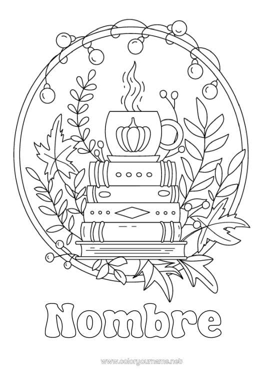 Dibujo para colorear para imprimir Calabaza Otoño Café Té Bebidas Libro Lectura