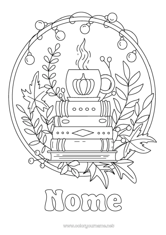 Pagina da colorare da stampare Zucca Autunno Caffè Tè Bevanda Libro Lettura