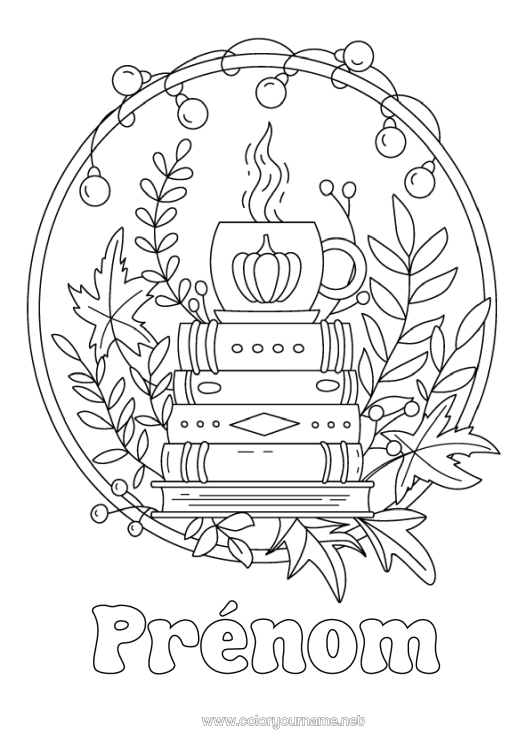 Coloriage à imprimer Citrouille Automne Café Thé Boisson Livre Lecture