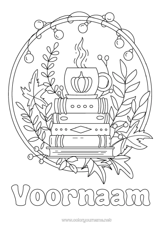Kleurplaat om af te drukken Pompoen Herfst Koffie Thee Drankje Boek Lezen