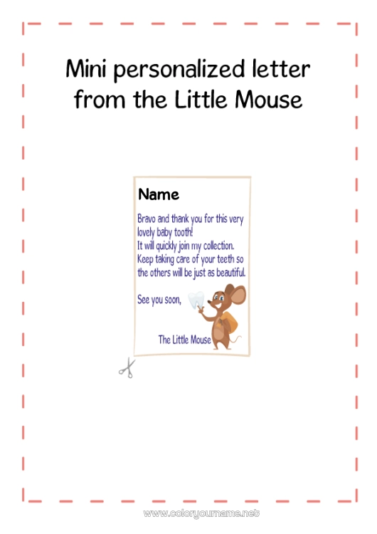 Coloring page to print Milk tooth Tooth fairy Mail of the Little Mouse