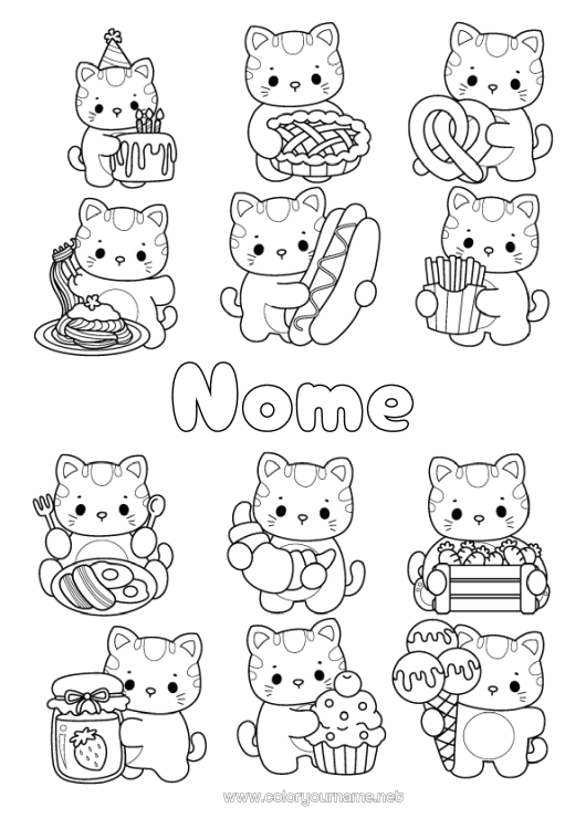Pagina da colorare da stampare Torta Gatto Kawaii Cibo Animale Dolci, zuccherini Cupcake CanI e gatti Uovo Patatine Biscotti Hot dog Bretzel Marmellata