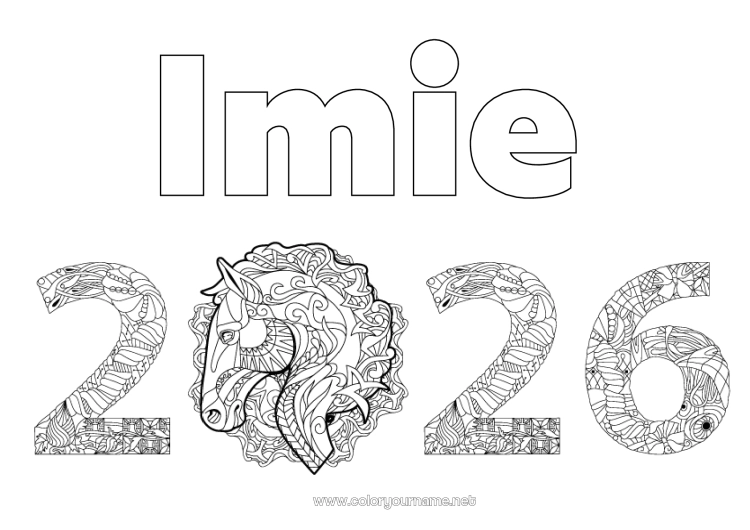 Kolorowanka do wydruku Koń Szczęśliwego Nowego Roku! Zentangle Zwierzęta gospodarskie 2026