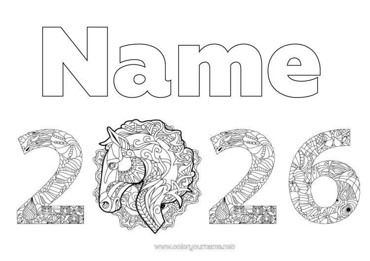 Colouring page to print Horse Happy New Year Zentangle Farm Animals 2026
