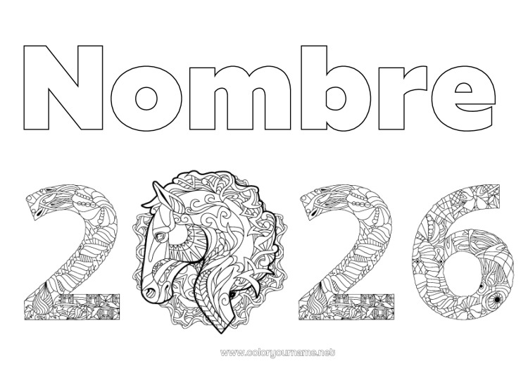Dibujo para colorear para imprimir Caballo Feliz año Zentangle Animales de granja 2026