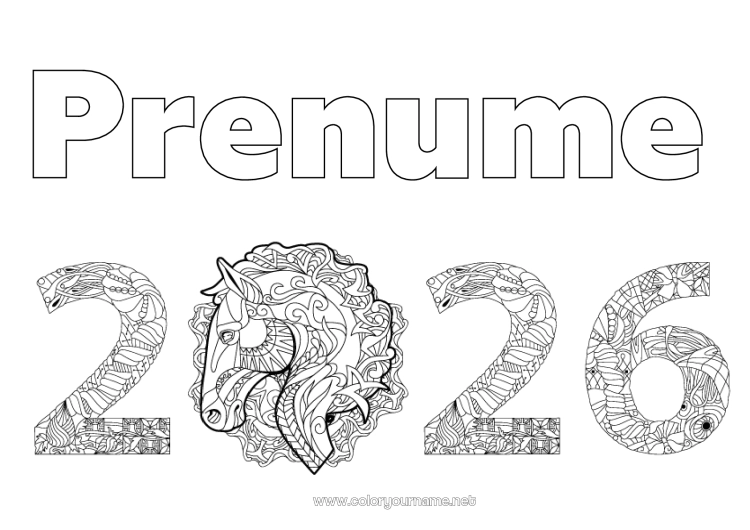 Pagină de colorat de imprimat Cal La mulți ani! Zentangle Animale de fermă 2026