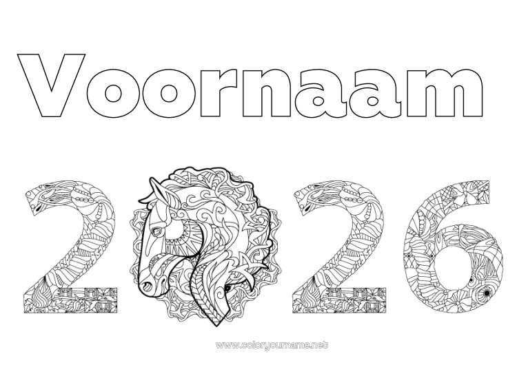 Kleurplaat om af te drukken Paard Gelukkig Nieuwjaar Zentangle Boerderijdieren 2026
