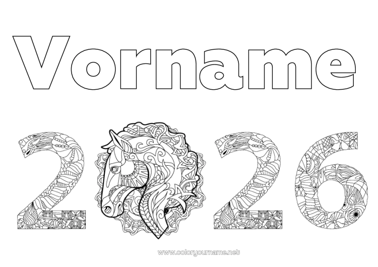 Malvorlage zum Ausdrucken Pferd Frohes Neues Jahr Zentangle Bauernhoftiere 2026