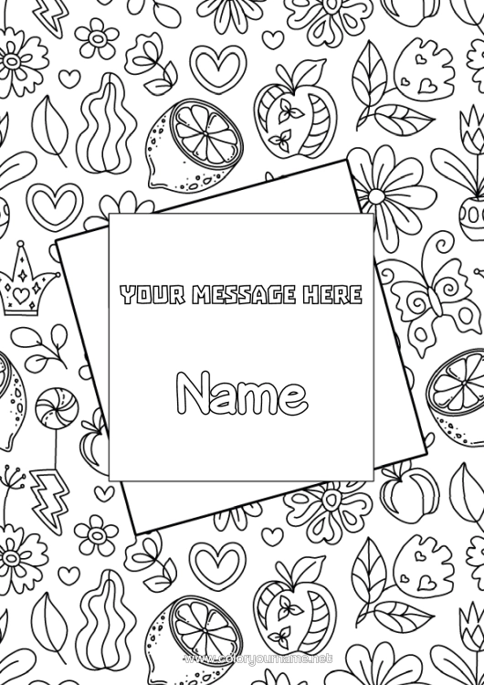 Colouring page to print Flowers Heart Fruit Lemon Apple Decorative Background Notebook Cover